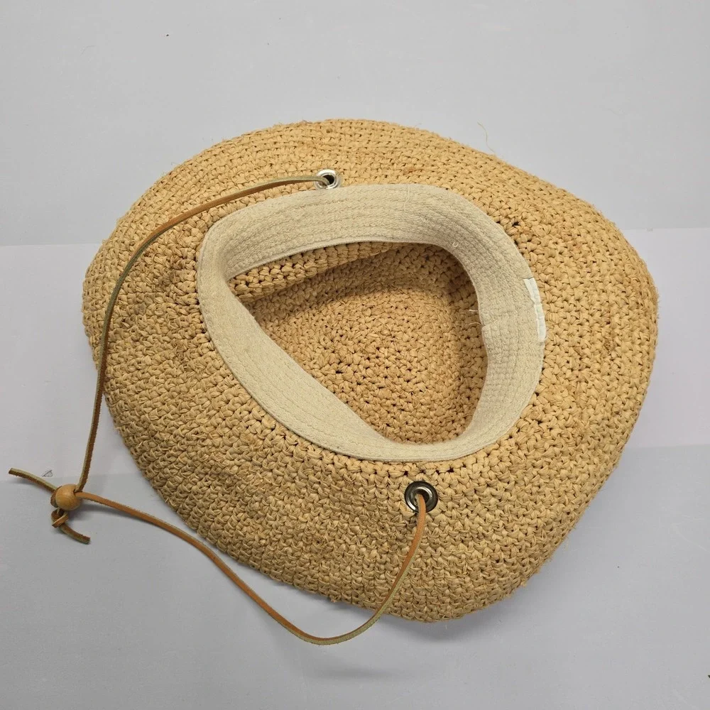 Handmade Natural Raffia Straw Sun Hat Tan Wide Brim Chin Strap Boho Summer